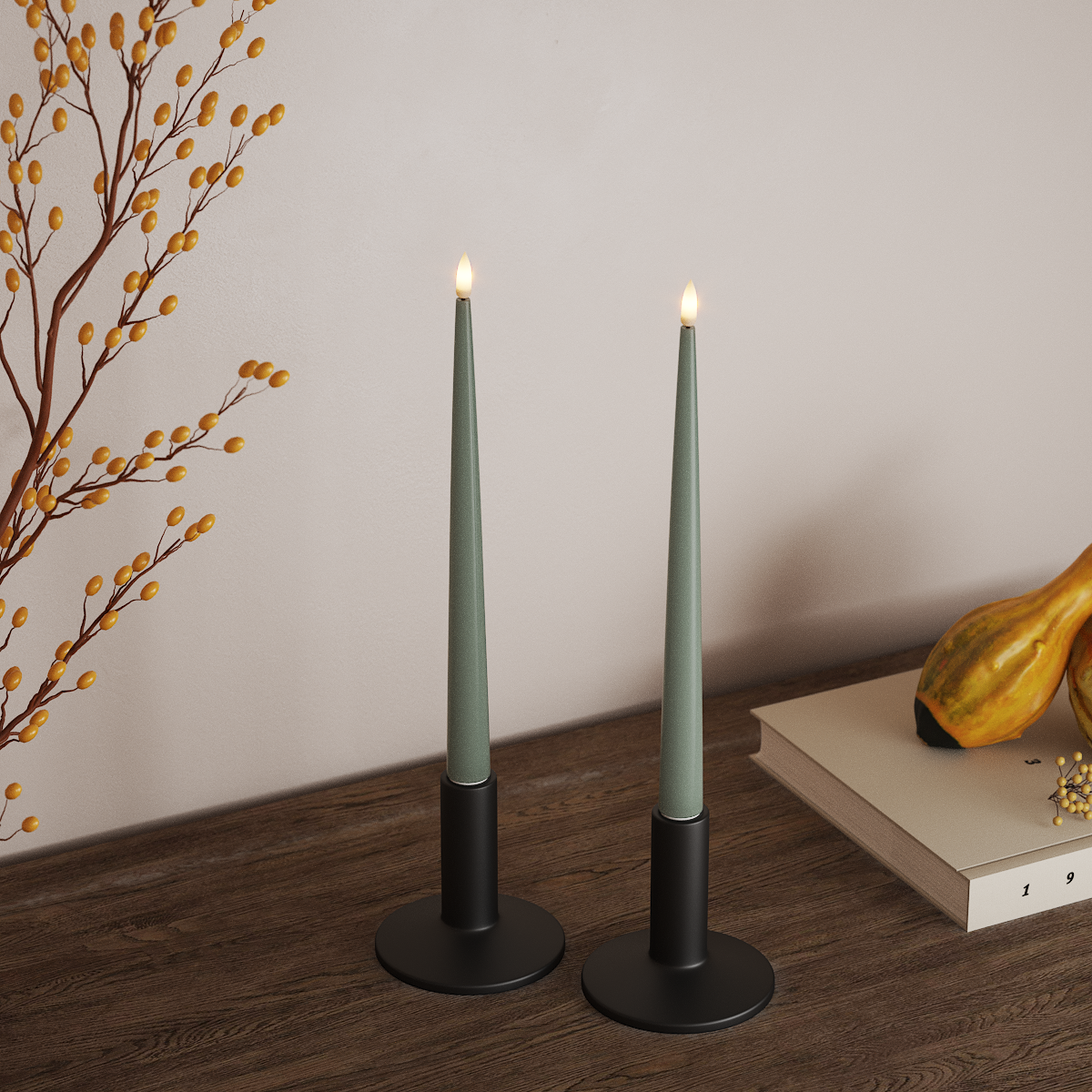 Deluxe Homeart LED Glanzende dinerkaars met lak, 2 stuks 28 cm Saliegroen LED Glanzende dinerkaars 3