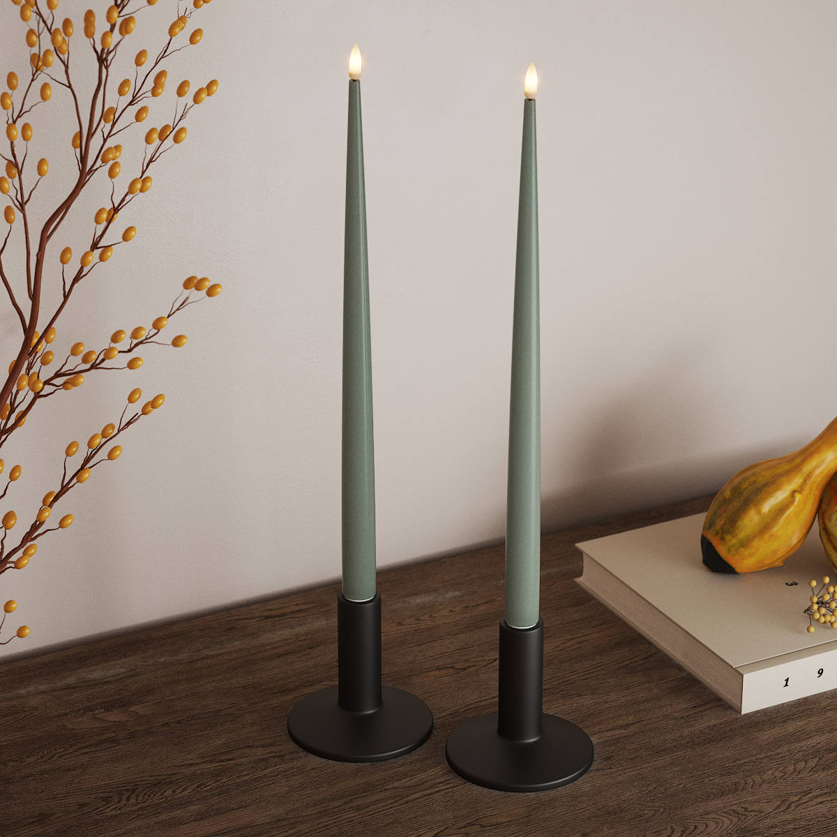 Deluxe Homeart LED Glanzende dinerkaars met Lak, 2 stuks 38 cm Saliegroen LED Glanzende dinerkaars 3