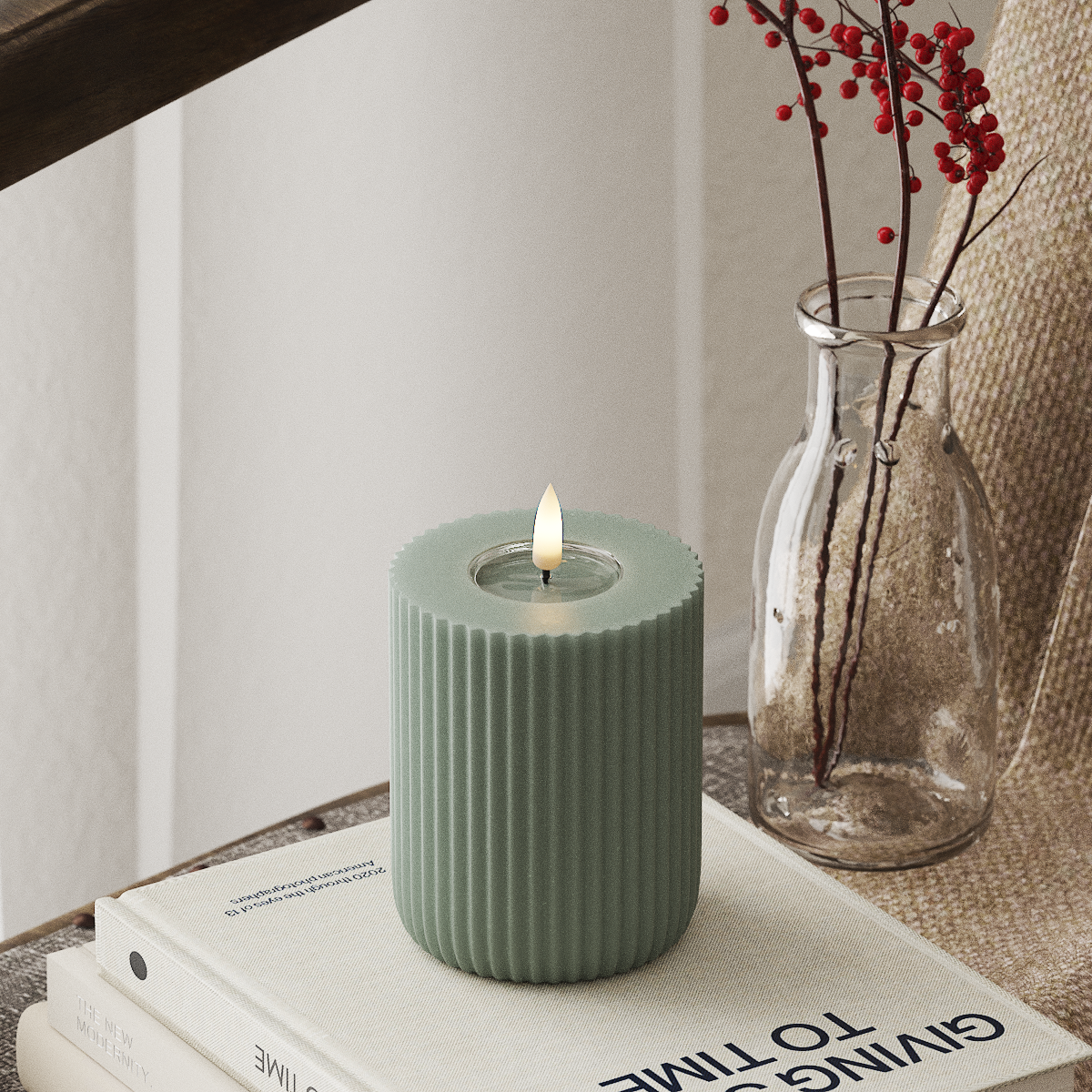 Deluxe Homeart Solid Stripe LED Stompkaarsen Ø8 X 10Cm Saliegroen LED Vorm 4