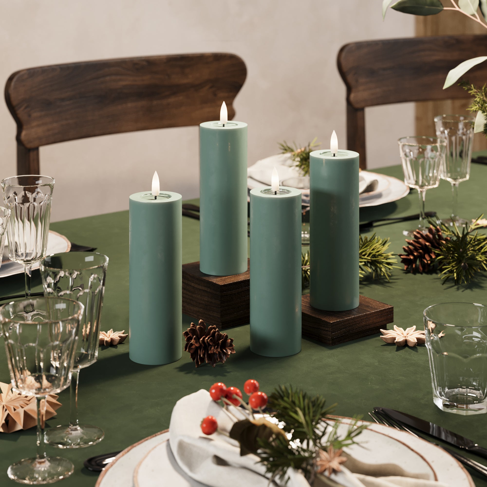 LED Stompkaarsen Ø 5 x 15 cm Jadegroen + 4 pc's