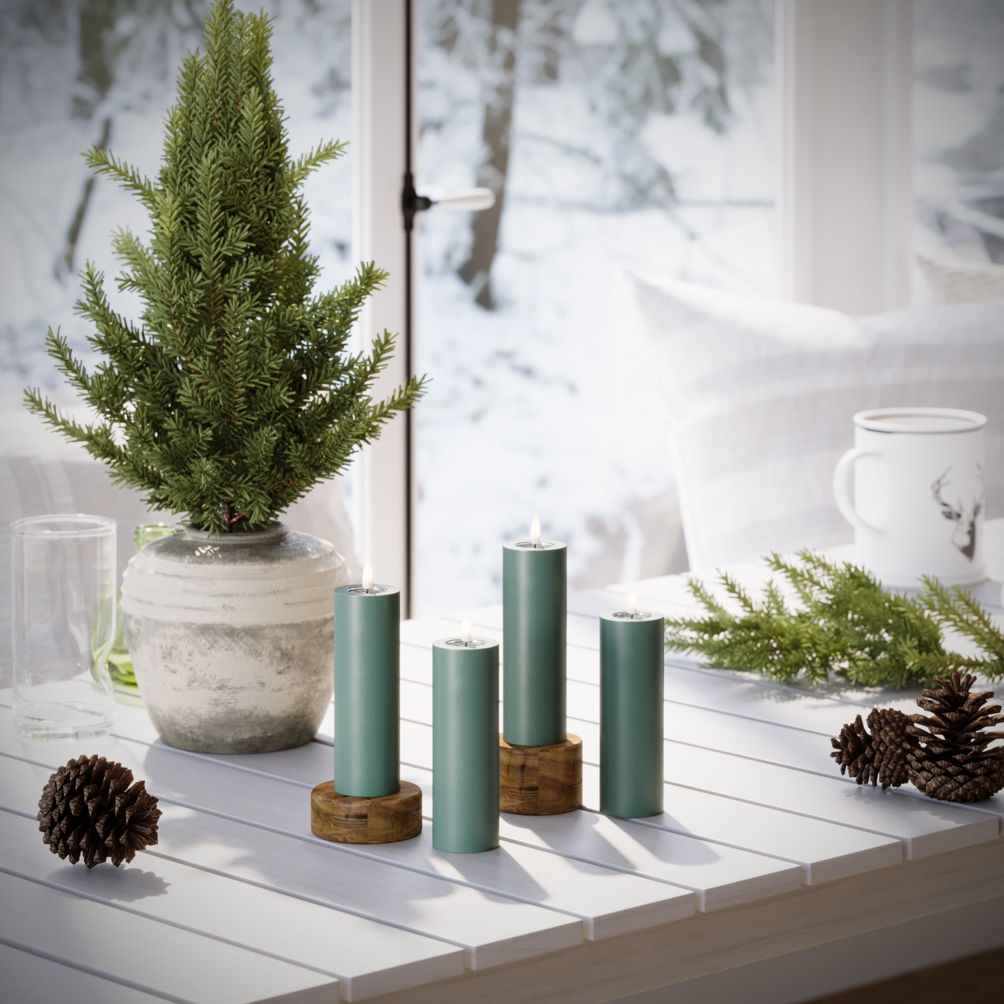 LED Stompkaarsen Ø 5 x 15 cm Jadegroen + 4 pc's