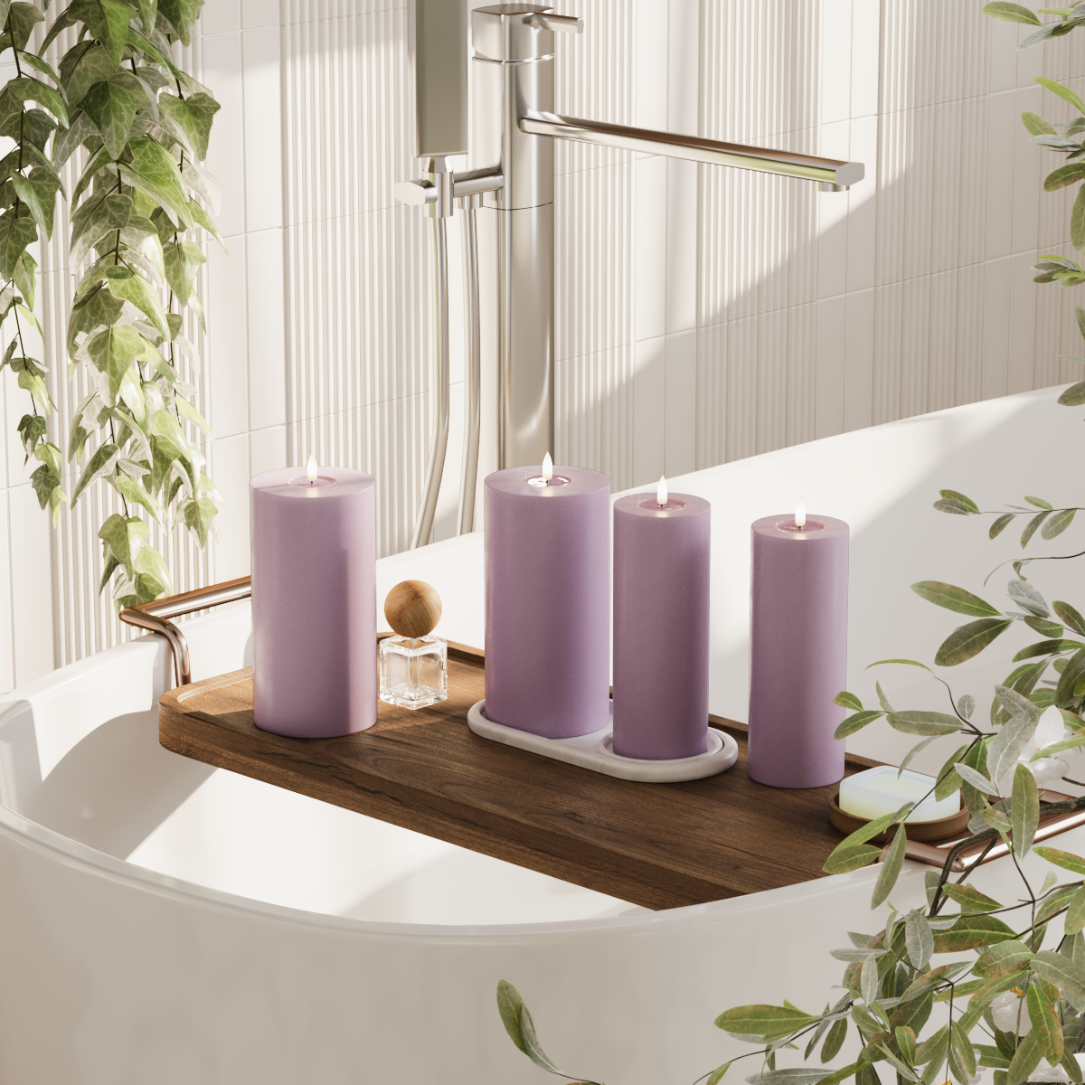 Deluxe Homeart LED bloklys pakke - Lyslilla - 2x 7,5 x 20 | 2x 10 x 20 cm pakke 2