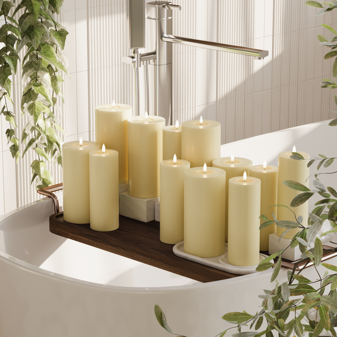 Deluxe Homeart LED bloklys pakke - Lysegul - 6x 7,5 x 20 | 6x 10 x 20 cm pakke 1